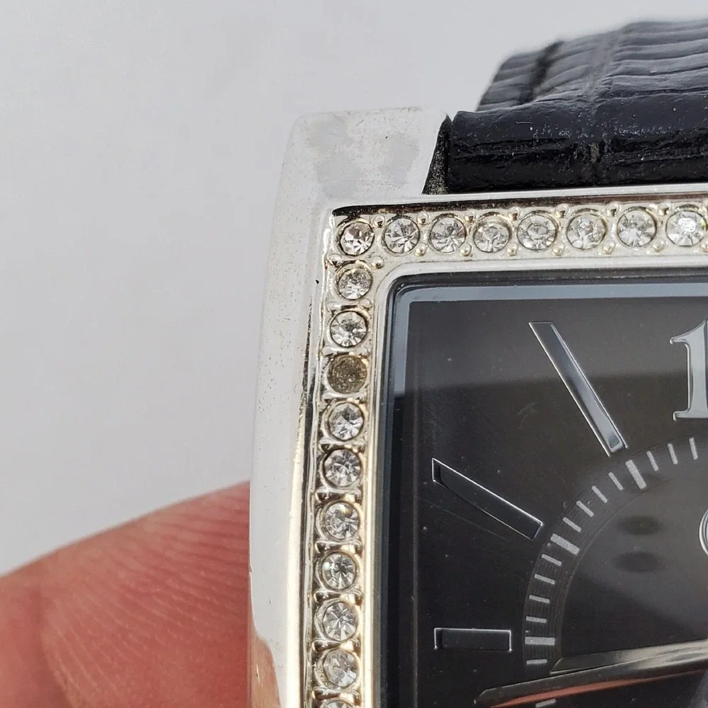 GEGRGE 38MM Women's Watch Crystal Bezel Black Leather Band Straps New Battery‎